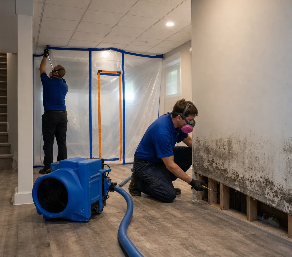 Technicians setting up containment and negative air equipment around mold-stained drywall in a finished basement