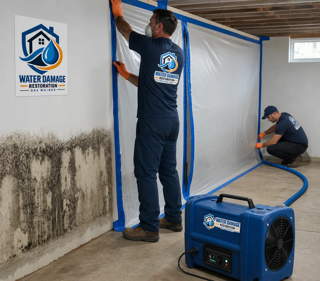 Technicians setting up containment and negative air equipment around mold-stained drywall in a finished basement