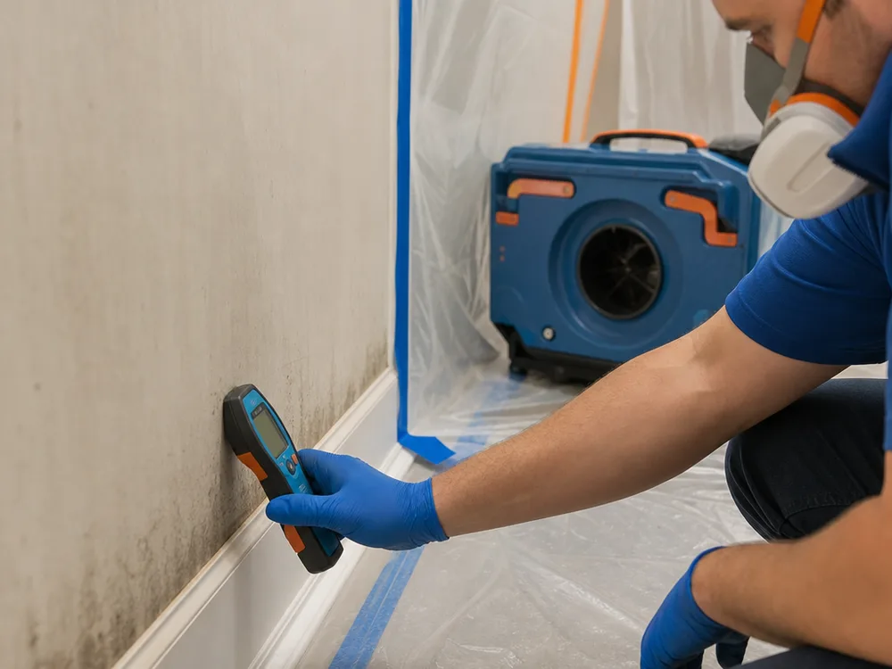 Moisture meter checking drywall inside containment with a HEPA air scrubber operating nearby