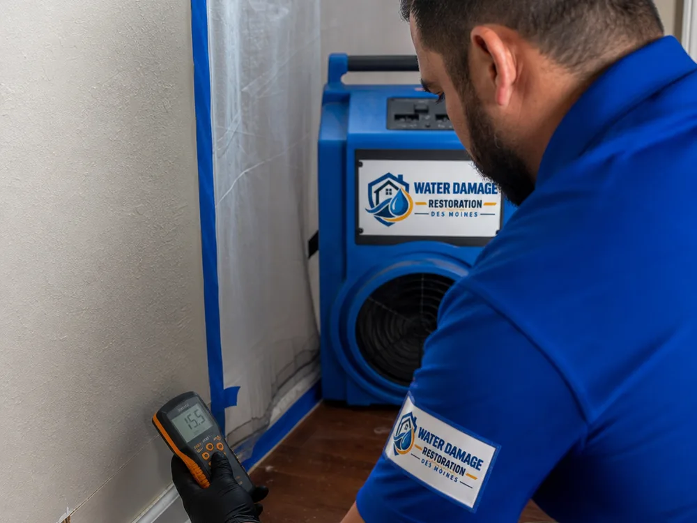 Moisture meter checking drywall inside containment with a HEPA air scrubber operating nearby