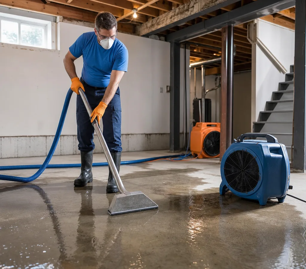 Technician using a water extraction wand on a wet basement floor in a Des Moines home