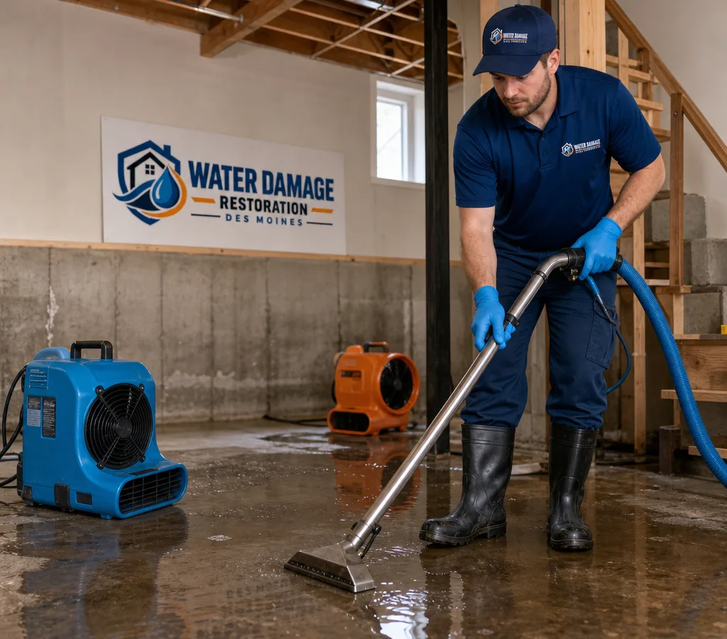 Technician using a water extraction wand on a wet basement floor in a Des Moines home