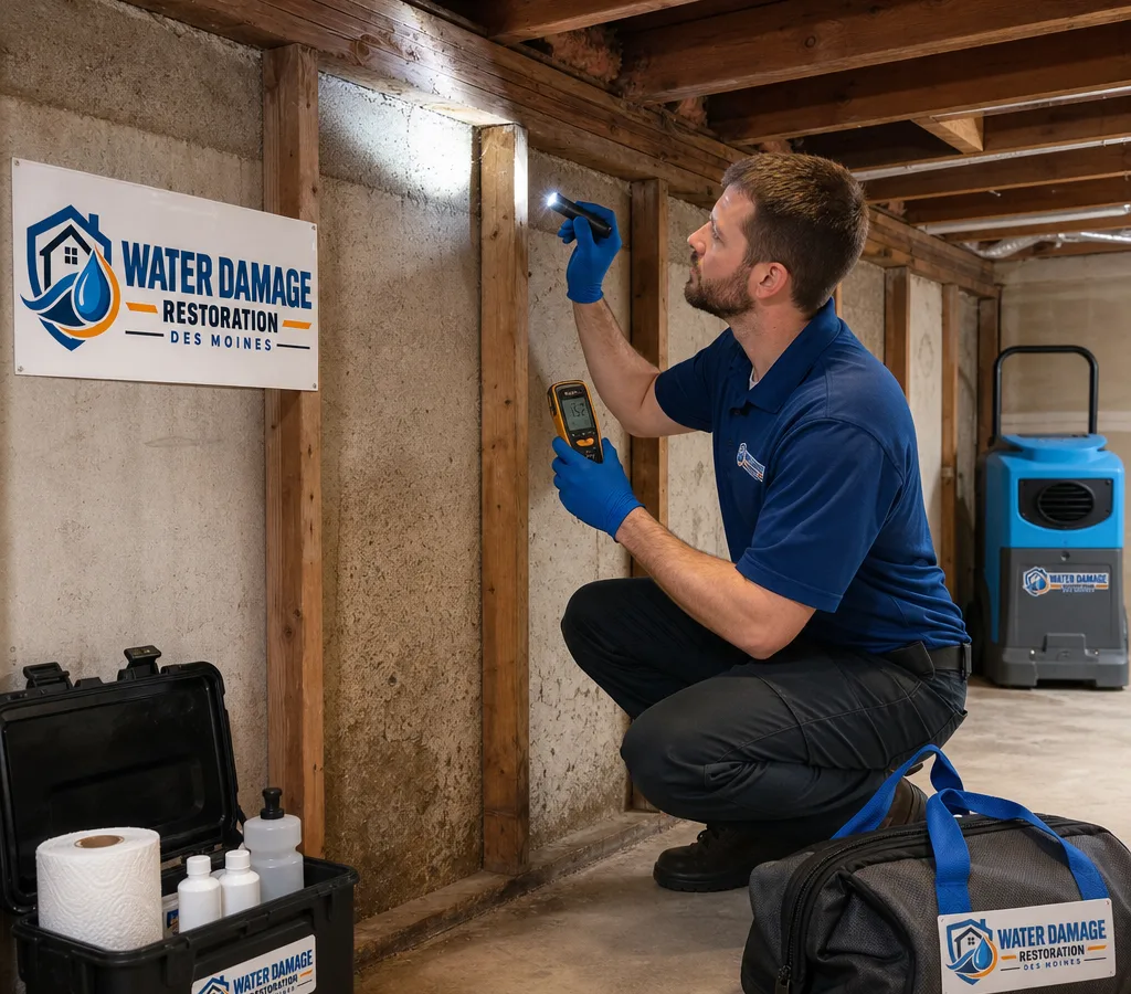 Inspector examining a basement wall and rim joist with a flashlight and moisture meter