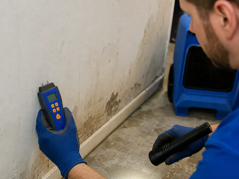 Inspector taking a moisture meter reading on basement drywall near a baseboard