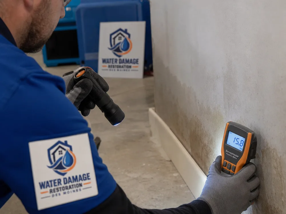 Inspector taking a moisture meter reading on basement drywall near a baseboard