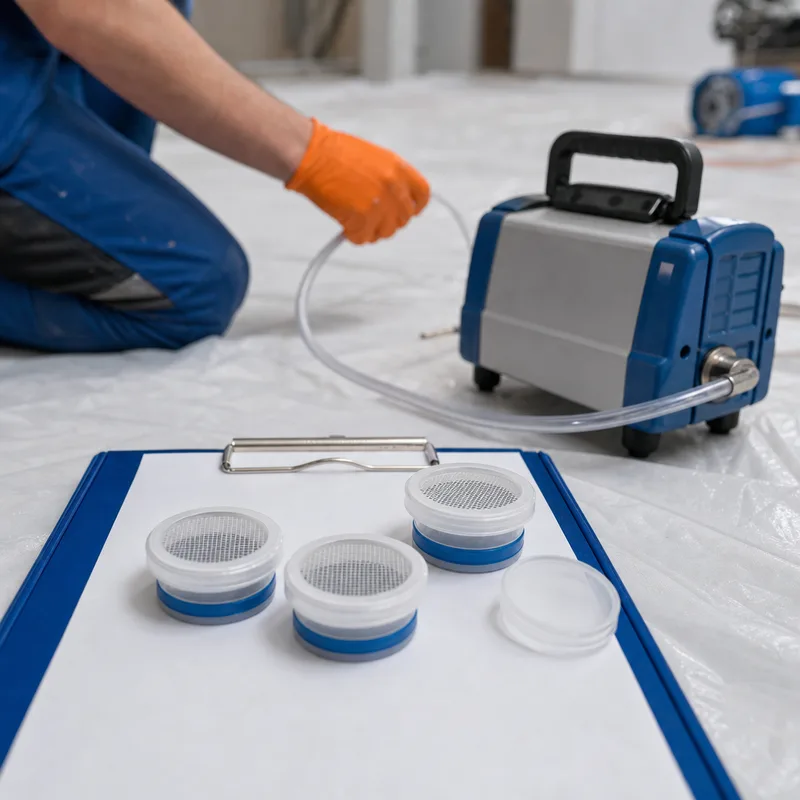 Labeled spore trap cassettes, chain-of-custody form, and calibrated air sampling pump prepared for lab analysis
