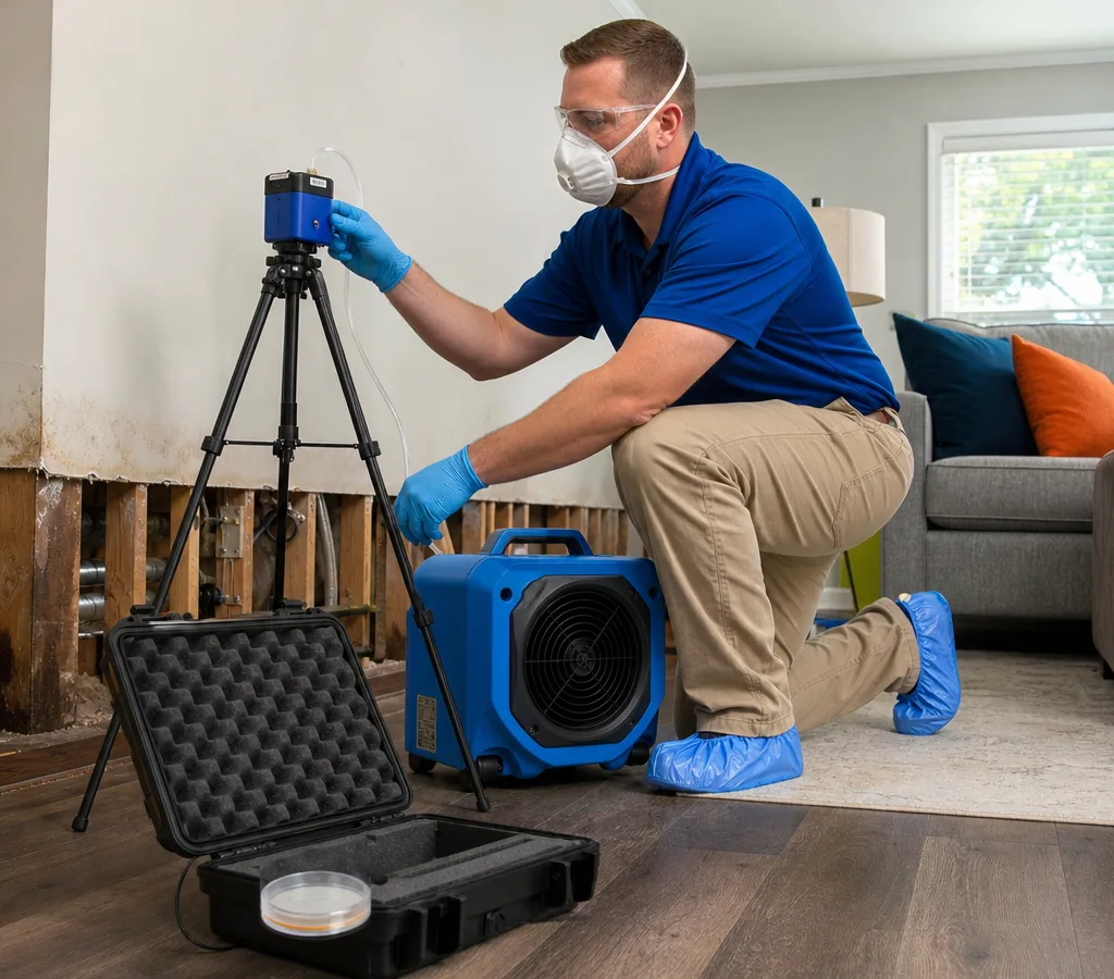 Technician in PPE collecting an air sample with a calibrated pump and documented spore trap cassettes