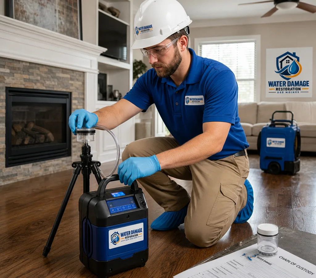 Technician in PPE collecting an air sample with a calibrated pump and documented spore trap cassettes