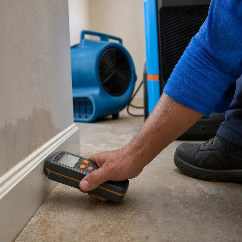 Technician taking a moisture meter reading on baseboard and drywall beside drying equipment