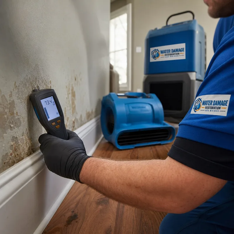 Technician taking a moisture meter reading on baseboard and drywall beside drying equipment