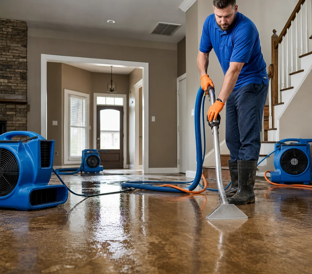 Technician in protective gear using a water extractor and air movers in a Des Moines home with wet flooring