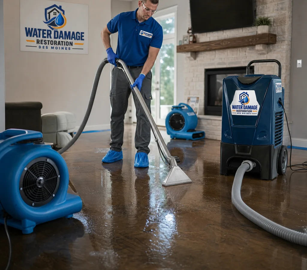 Technician in protective gear using a water extractor and air movers in a Des Moines home with wet flooring