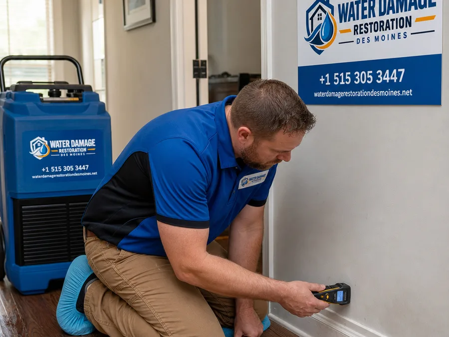 Technician checking drywall moisture near baseboards while a dehumidifier runs