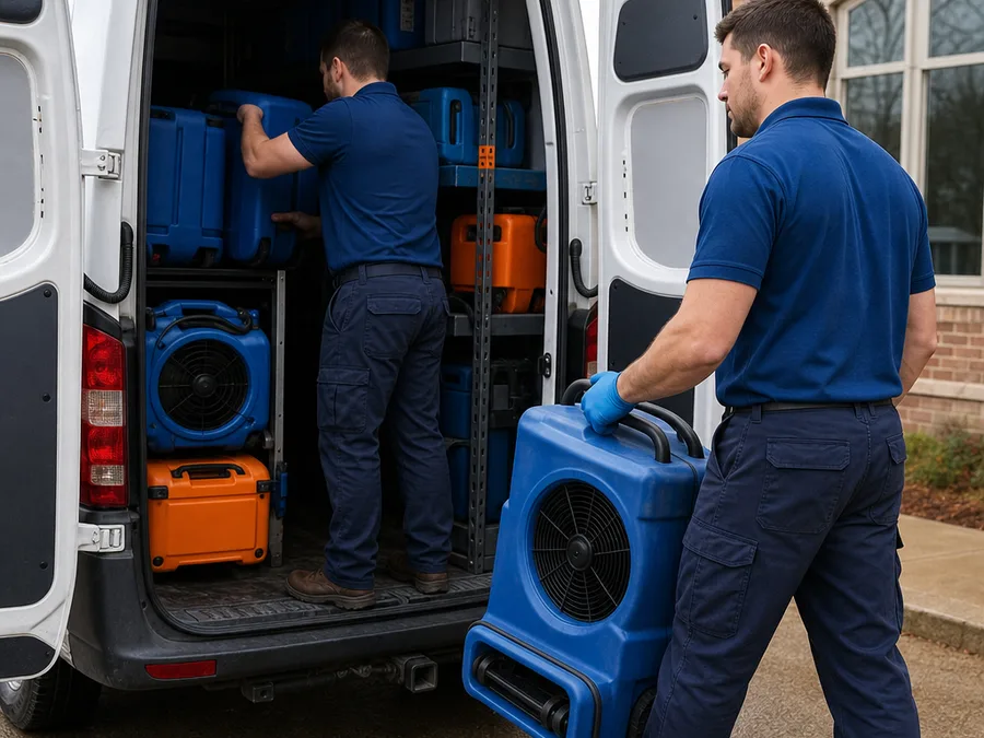 Two technicians loading organized drying equipment into a service vehicle