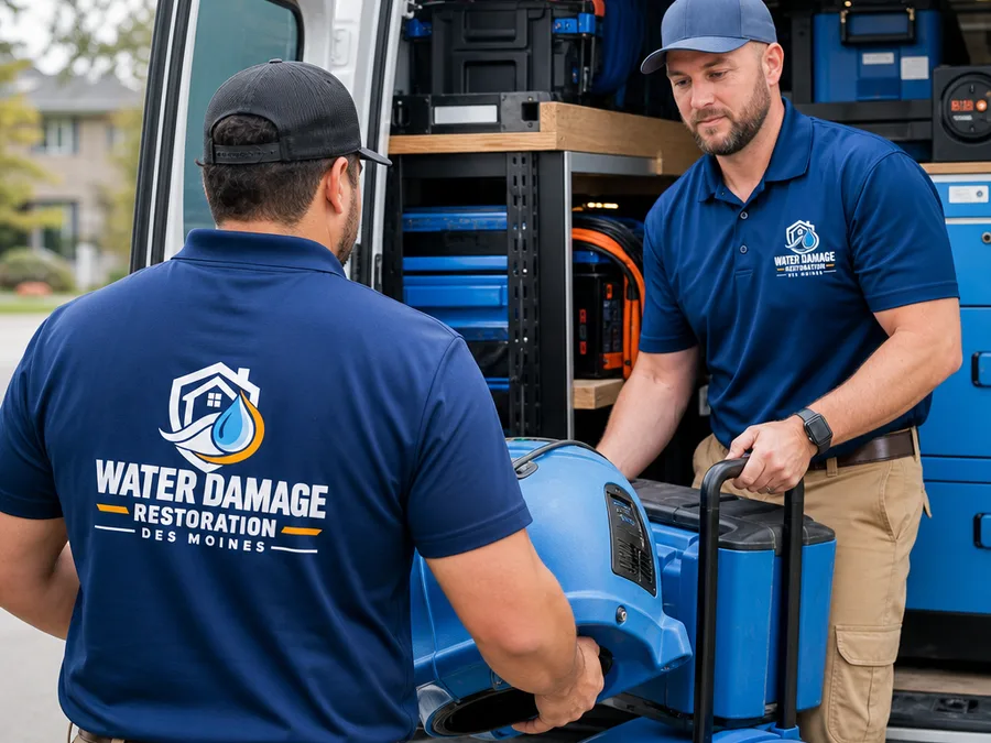 Two technicians loading organized drying equipment into a service vehicle